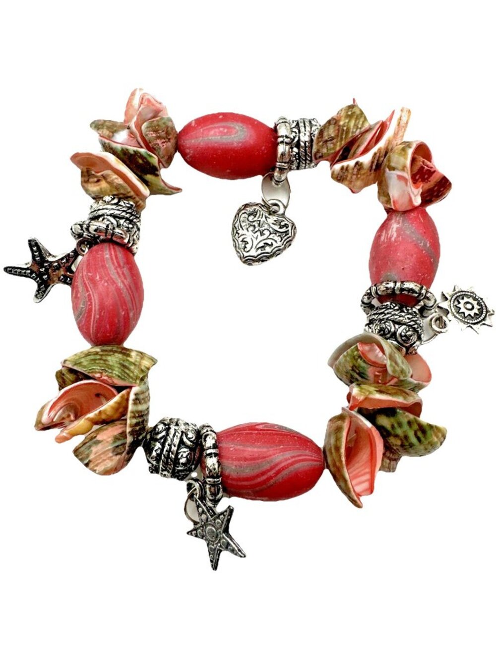 Pink Shell Bead Charm Bracelet Stretch Coastal Barbiecore